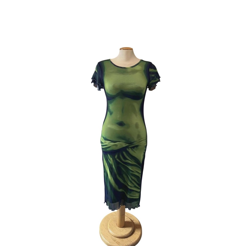 Video player Body Language Mesh Midi Dress Blue Green Trompe L'oeil Print Size M